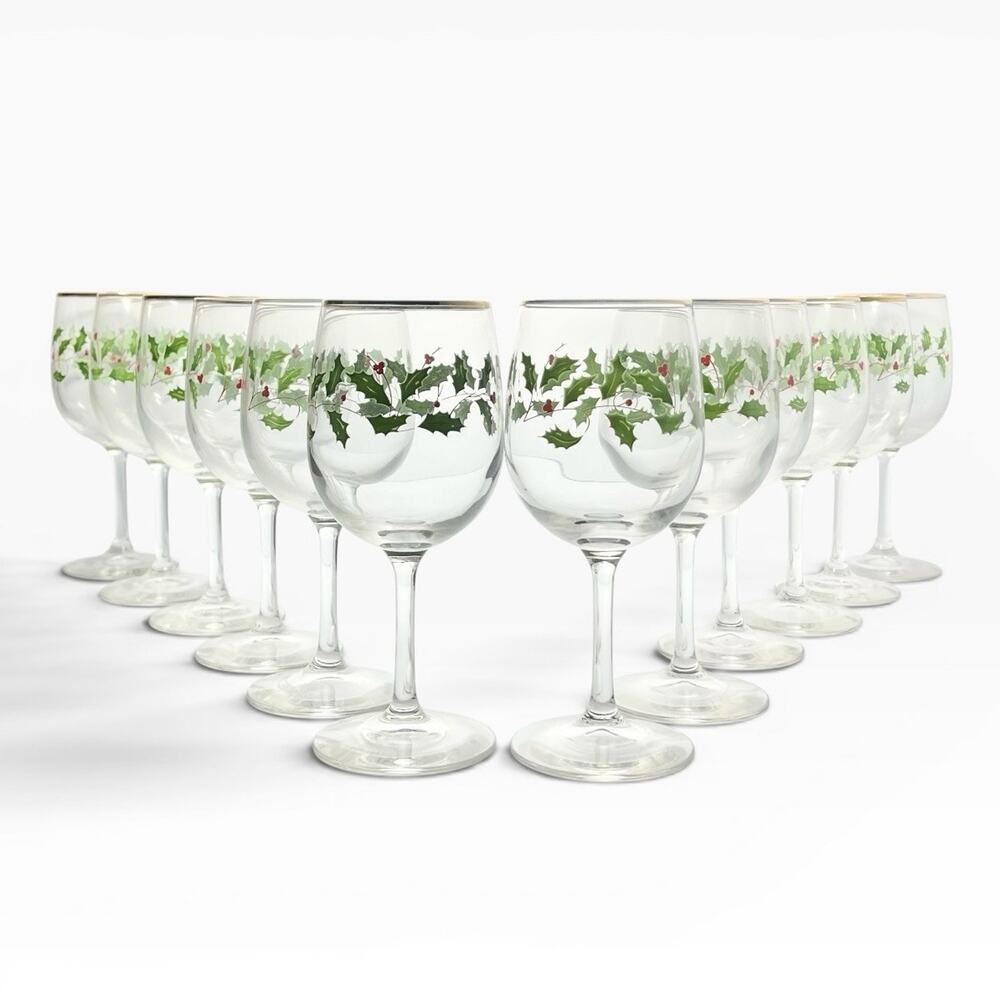 Lenox “Holiday” 12 Wine Water All Purpose Glasses 7 1/2” 10oz Christmas Holly